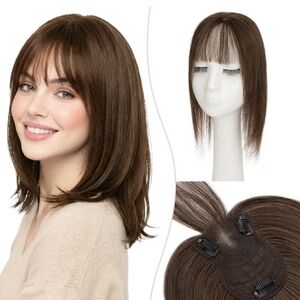 Dark Brown Human Hair Topper Wispy Bangs  Hand-tied Lace Front 14"
